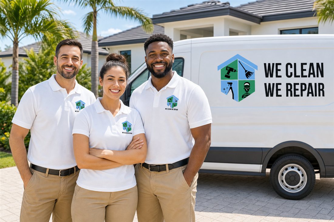 We Clean We Repair team beside the branded company van at a Tampa Bay home