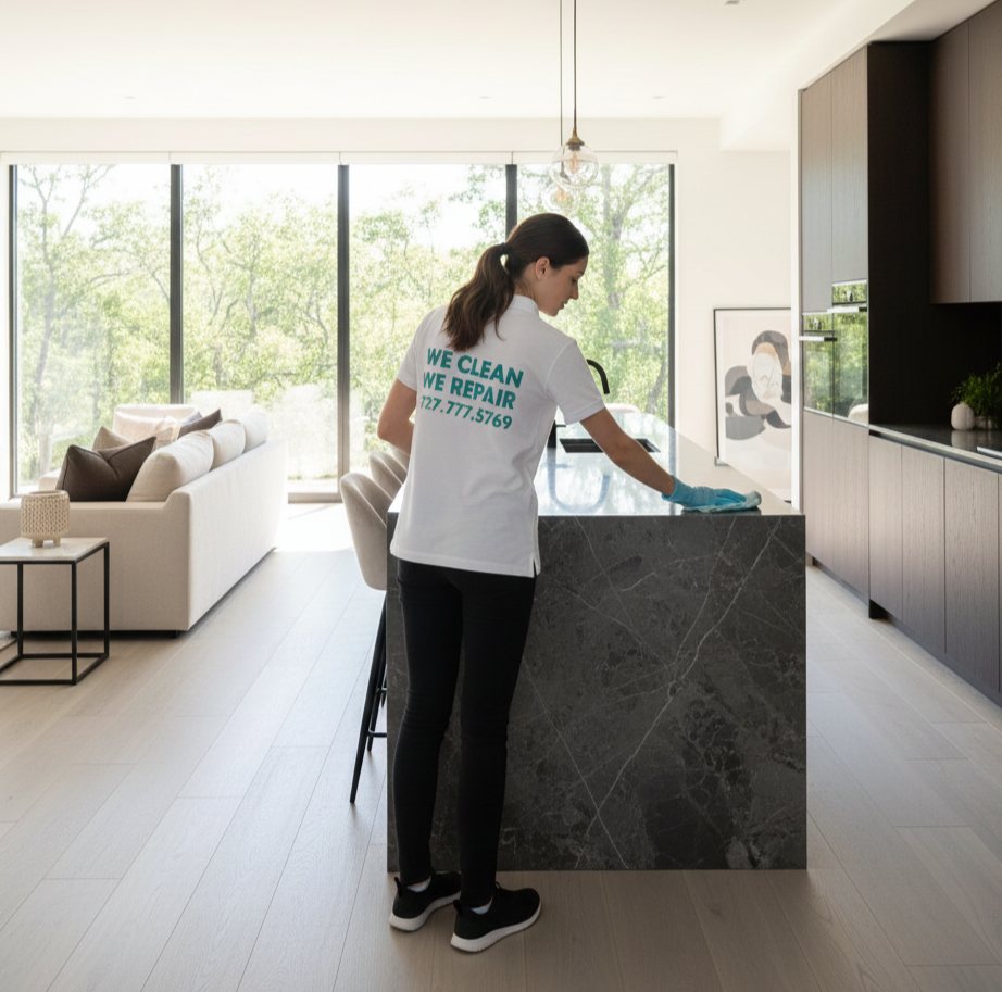 Professional cleaner detailing a bright Tampa kitchen