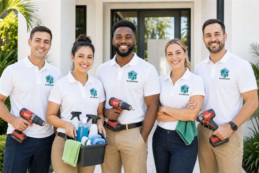 We Clean We Repair team of five in branded uniforms at a Tampa Bay home